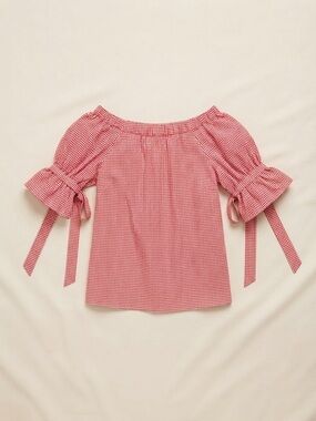 Blush & Bloom Cottagecore Red Gingham Off-Shoulder Tie-Sleeve Top size M